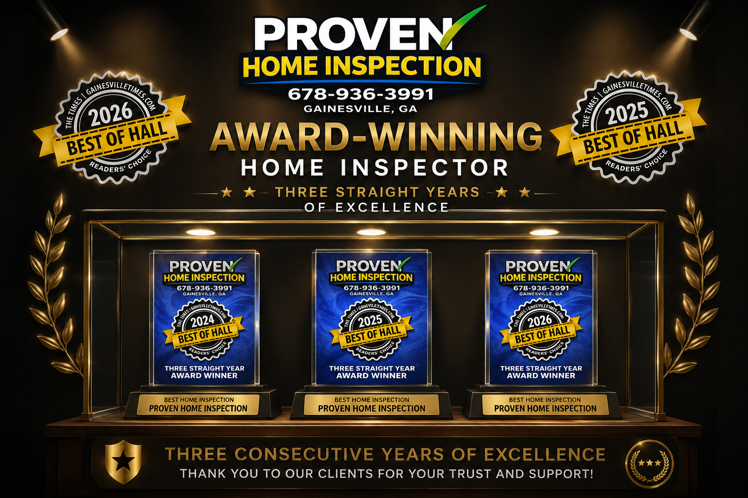 Proven Home Inspection &mdash; Best of Hall Readers' Choice award winner three consecutive years, 2024, 2025 and 2026, Gainesville GA